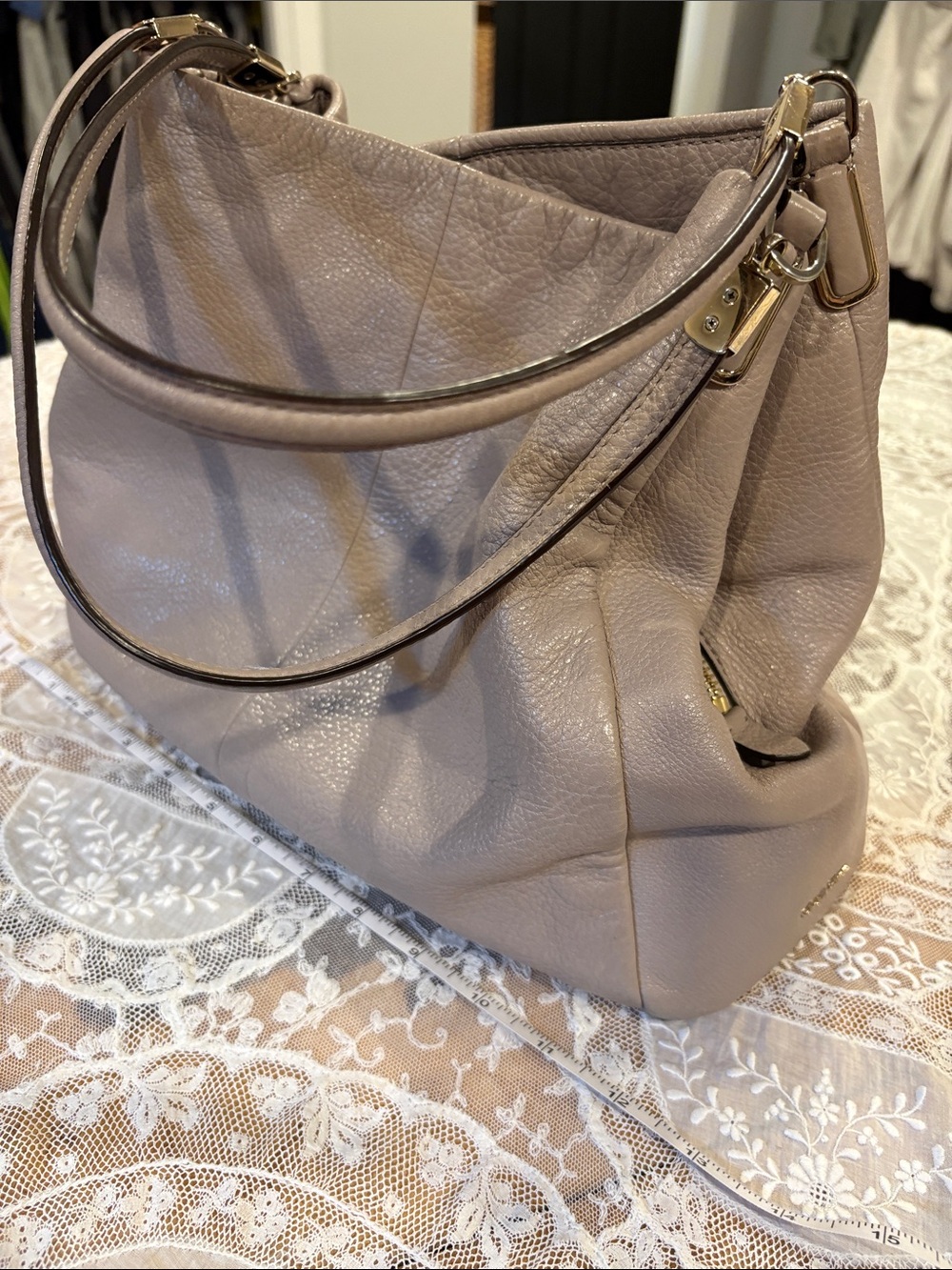 Coach Leather Shoulder Bag in Taupe Gray with Gold Hardware